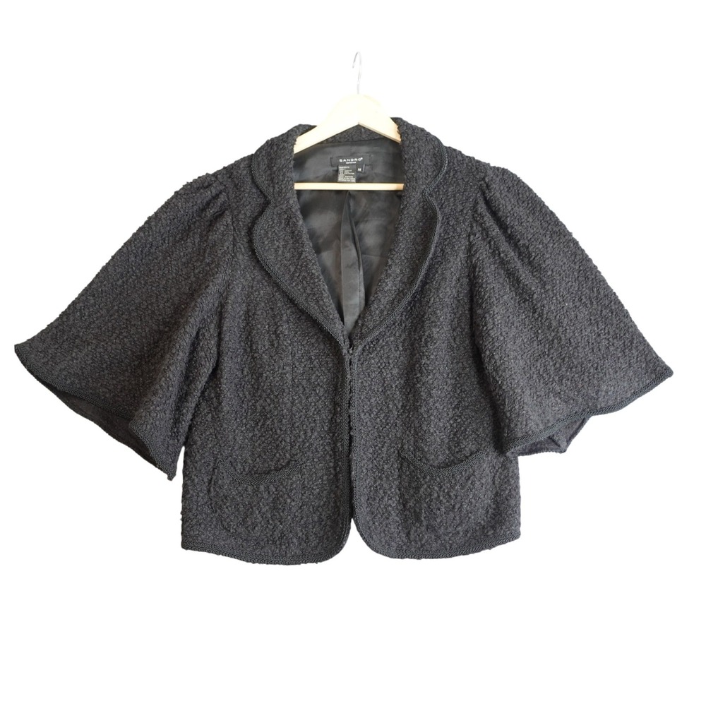 Vintage Sandro Cropped Blazer Womens M Black Wool Cape Bolero Parisian Goth 90s
